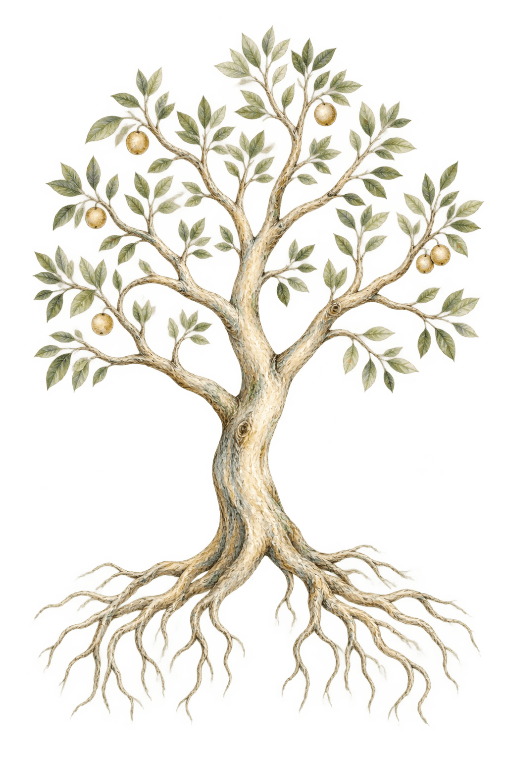 Arbre personnel illustré : racines, tronc, branches, feuilles et fruits
